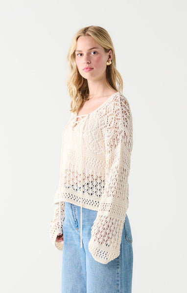 Dex Ladies Off White Lace Up Crochet Sweater