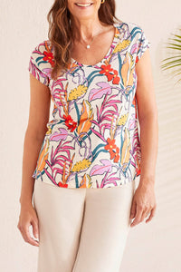 Tribal Ladies French Oak Cap Sleeve V-Neck Top