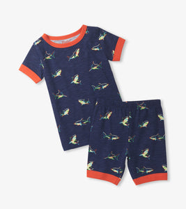 Hatley Boys Patriot Blue Glow Sharks Cotton Short Pajama Set