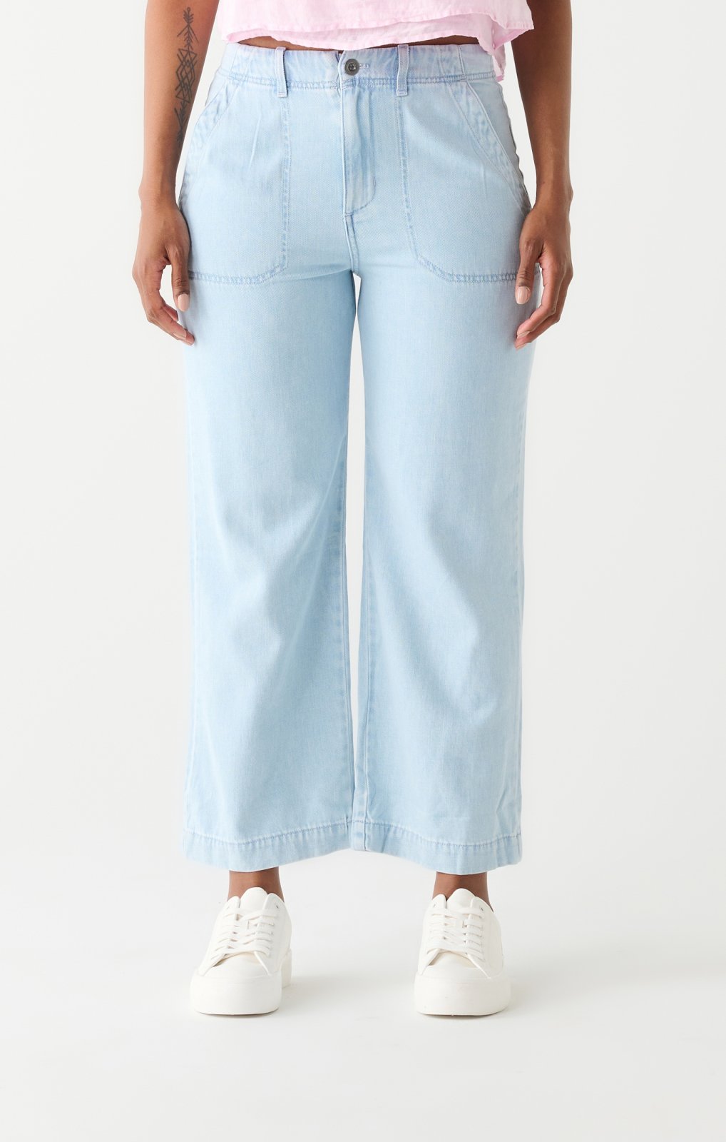 Dex Ladies Light Blue Wash Utility Wide Leg Crop