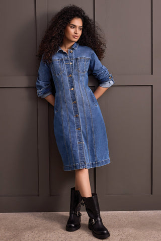 Tribal Ladies Port Blue Long Fitted Denim Dress Jacket