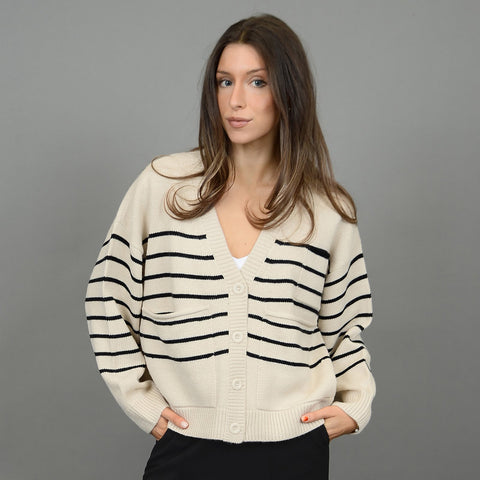 RD Style White/Black Fatima Stripe LS V-Neck Cardigan