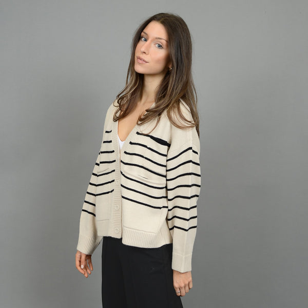 RD Style White/Black Fatima Stripe LS V-Neck Cardigan