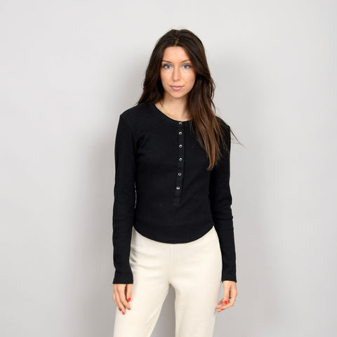 RD Style Ladies Black LS Henley Top