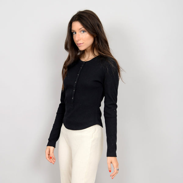 RD Style Ladies Black LS Henley Top