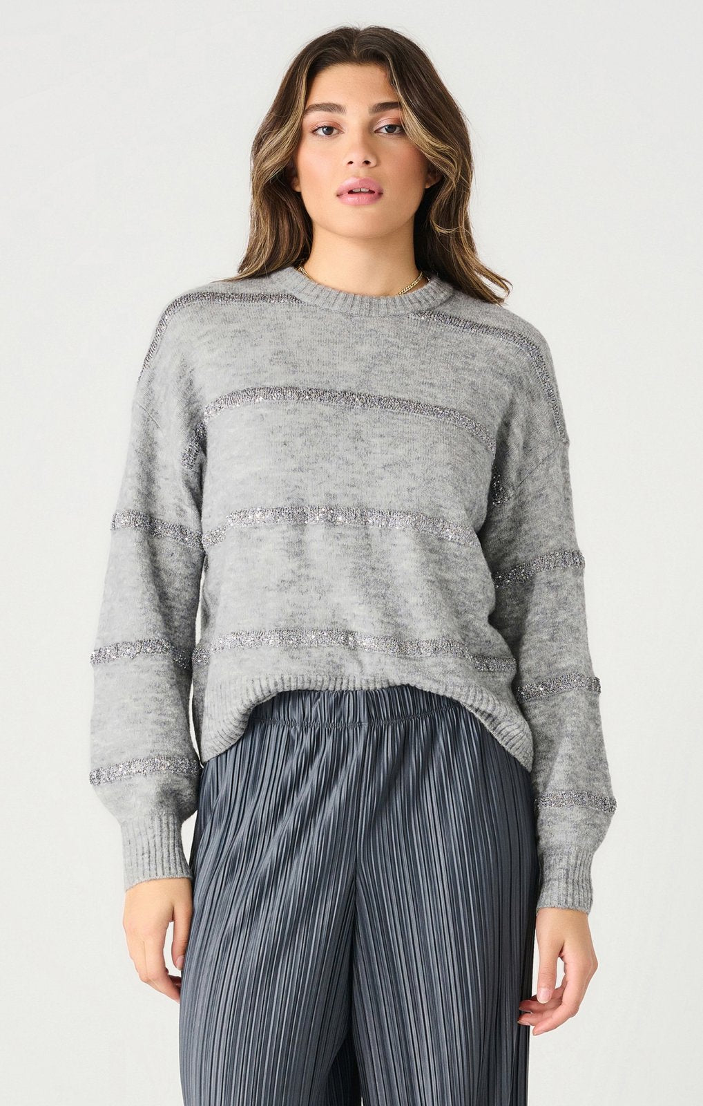 Dex Ladies Heather Grey/Sequin LS Stripe Sweater