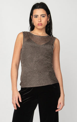 Dex Ladies Pewter Sleeveless Metallic Mesh Top