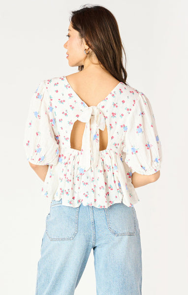 Dex Ladies White/Spring Floral SS Tie Back Printed Top