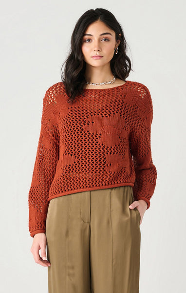 Dex Ladies Burnt Orange LS Floral Crochet Sweater