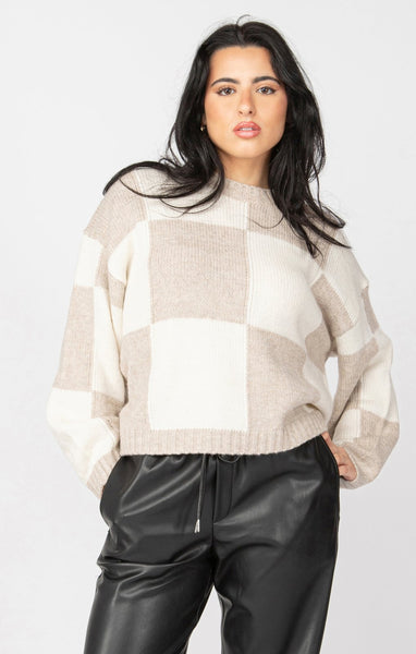 Dex Ladies Oat/Camel Check LS Colourblock Sweater