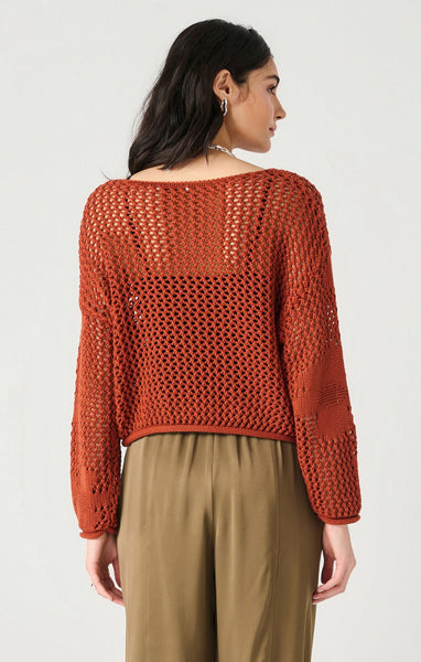 Dex Ladies Burnt Orange LS Floral Crochet Sweater