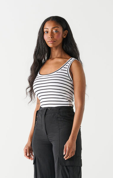 Dex Ladies White/Black Stripe Ribbed Tank