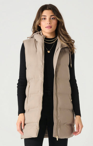 Dex Ladies Taupe Hooded Puffer Vest