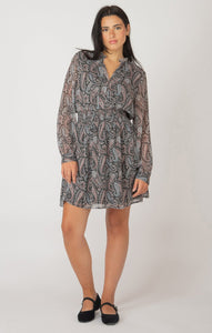 Dex Ladies Dark Paisley LS Smocked Waist Mini Dress