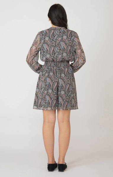 Dex Ladies Dark Paisley LS Smocked Waist Mini Dress