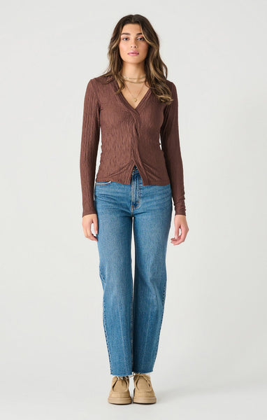 Dex Ladies Cocoa LS Textured Twist Front Top