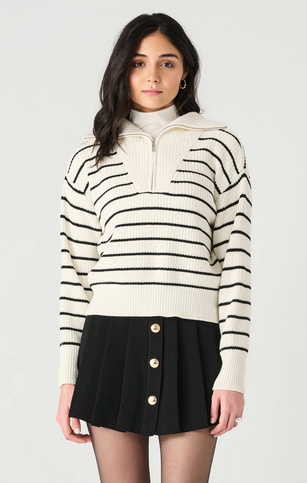 Dex Ladies White/Black Stripe LS Half Zip Textured Sweater