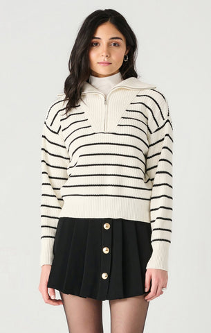 Dex Ladies White/Black Stripe LS Half Zip Textured Sweater