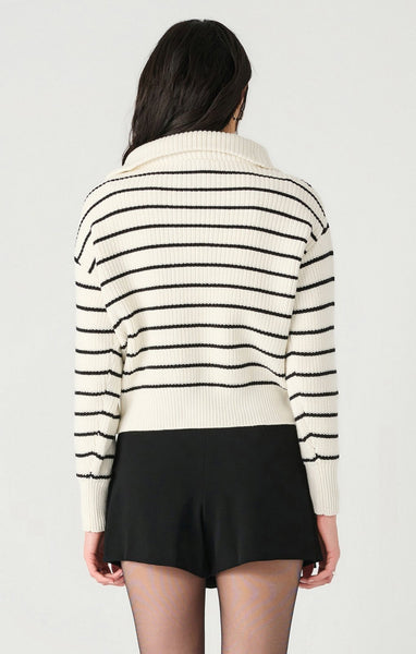 Dex Ladies White/Black Stripe LS Half Zip Textured Sweater