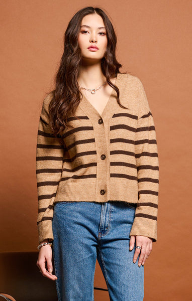 Dex Ladies Camel/Brown Stripe LS Buttoned Drop Shoulder Cardigan