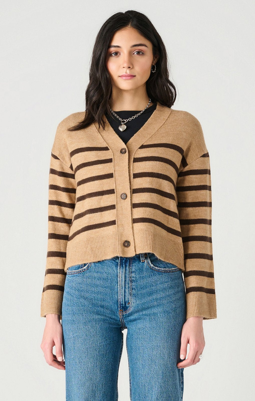 Dex Ladies Camel/Brown Stripe LS Buttoned Drop Shoulder Cardigan