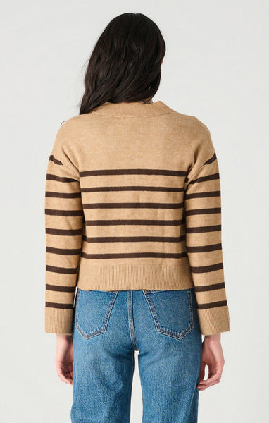 Dex Ladies Camel/Brown Stripe LS Buttoned Drop Shoulder Cardigan